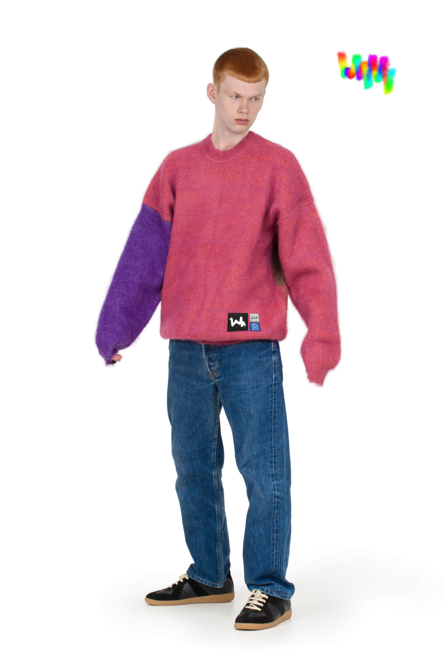 ODDS generative sweater based on Squiggle #3437 Fuzzy on a male model